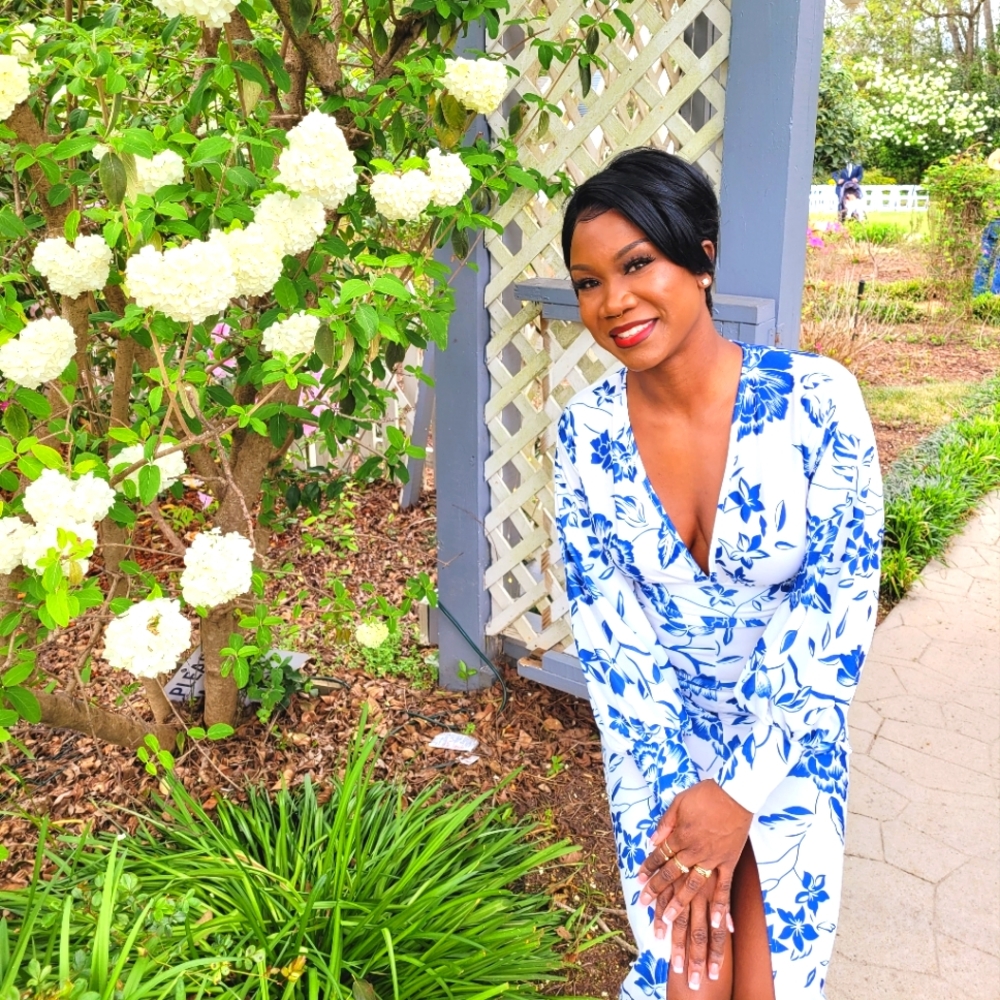 White & Blue Floral Print Midi Dress